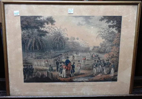 After J. Moore, Military scenes in Rangoon, a group of five aquatint's by G Hunt, with hand colouring, each 33cm x 43cm.