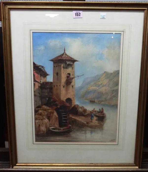 F. Dewar (19th century), A fortress overlooking a lake, signed and dated 1860, 40cm x 30cm. F1