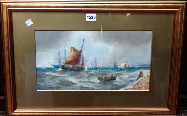 Robert Thornton Wilding (19th/20th century), Vessels off the coast, watercolour, signed and dated 1902, 19cm x 36cm.
