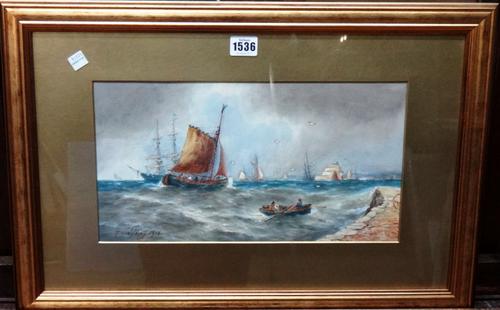 Robert Thornton Wilding (19th/20th century), Vessels off the coast, watercolour, signed and dated 1902, 19cm x 36cm.