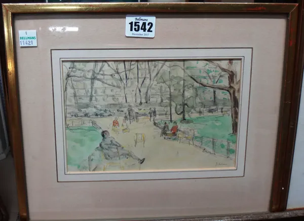Jacques Salmon (20th century), Birds on a wire; Park scene, two, watercolour and pencil, both signed, one dated July '55, the larger 15cm x 24cm.