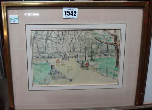 Jacques Salmon (20th century), Birds on a wire; Park scene, two, watercolour and pencil, both signed, one dated July '55, the larger 15cm x 24cm.