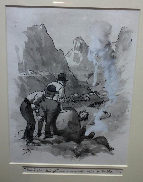 John Hassall (1868-1948), 'But 'e aint dead yet' said a weak voice behind the boulder, pen, ink and grey wash, 26cm x 19.5cm.; together with a pen and