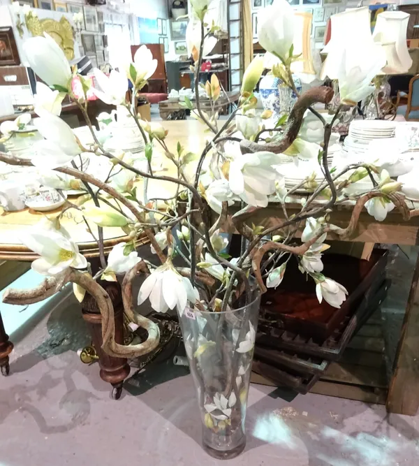 A large 20th century glass vase with faux magnolia.  J4