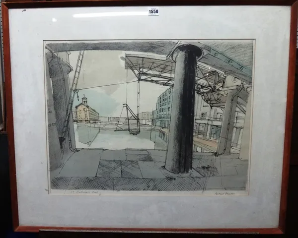 Richard Bawden (b.1936), St Katherine's Dock, colour lithograph, signed and inscribed, 45cm x 60.5cm.  DDS