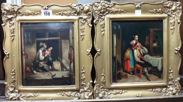German School (19th century), An Amorous Advance; Guess Who?, a pair, oil on metal over a printed base, each 19.5cm x 16cm.(2)  D1