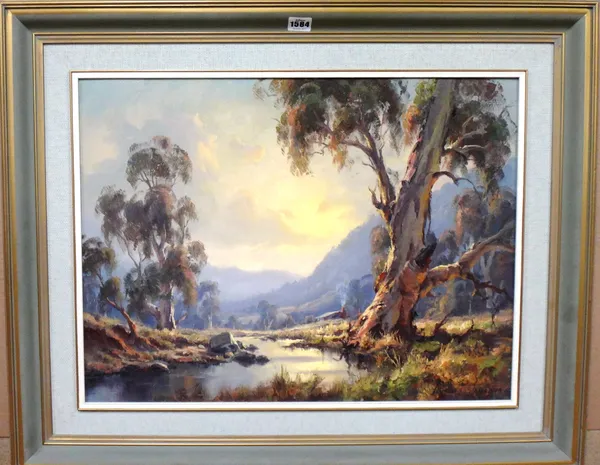 Andris Jansons (b.1939), Restful morning: Australian landscape, oil on canvasboard, signed, inscribed on reverse, 45cm x 60cm.