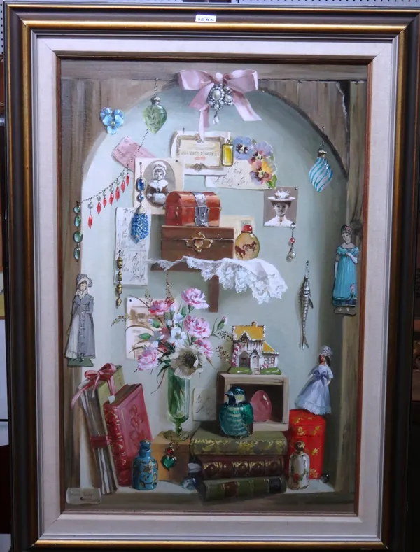 Deborah Jones (1921-2012), Granny's Corner Cupboard, oil on canvas, signed and dated MCMLXXXIV, 74cm x 48.5cm. DDS