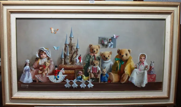 Deborah Jones (1921-2012), Big Ted and friends, oil on canvas, signed and dated 1994, 44.5cm x 90cm. DDS