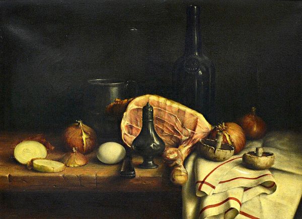 Kenneth Howes (20th century), Still life with ham, onions, mushrooms and bottle, oil on canvas, signed, 39cm x 54cm. DDS  Illustrated