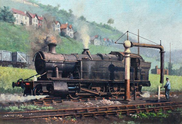 Philip D. Hawkins (contemporary), Locomotive taking on water, oil on canvas, 24cm x 34cm. DDS  Illustrated