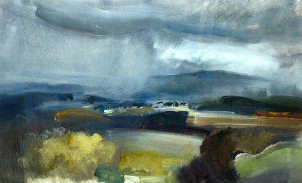 John Hitchens (b.1940), Lowland Rain, oil on canvas, signed, inscribed and dated 1973 on stretcher, 54cm x 89cm. DDS  Illustrated