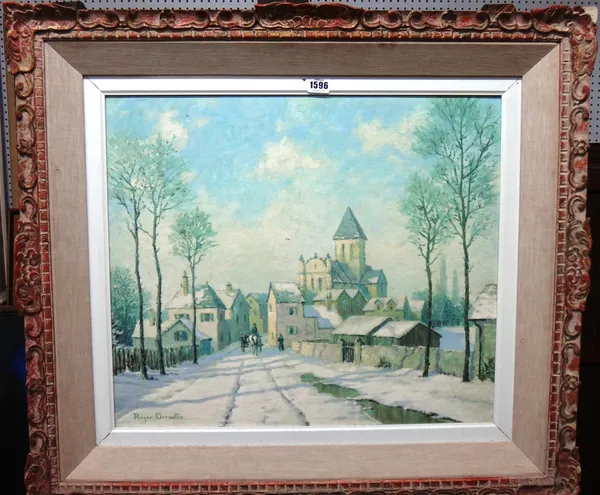 Roger Desoutter (b.1923), The road to the church, oil on canvasboard, signed, 49cm x 57cm. DDS