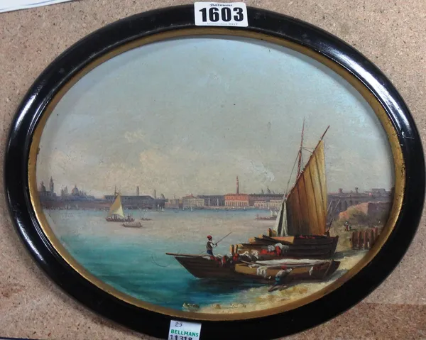 Manner of Gianni, Distant view of St Marks, Venice, oil on board, oval, 16.5cm x 20.5cm.
