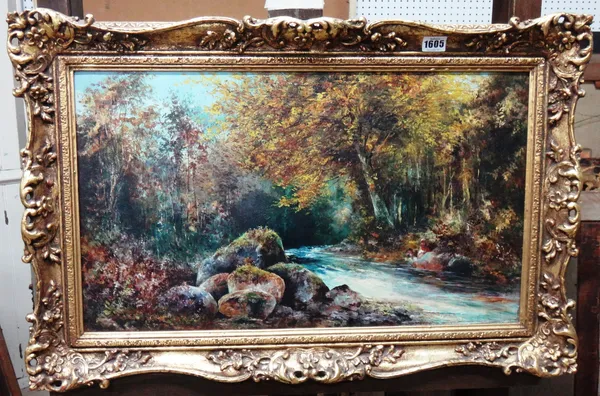 George Hugh Shaw (fl.1873-1889), Children playing by a river, oil on canvas, signed, 35cm x 60cm.
