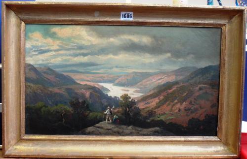 English School (early 20th century), Travellers in an extensive landscape, oil on canvas, 29cm x 52cm.