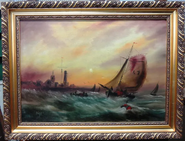 ** Dufour (early 20th century), Shipping in a swell at sunset, oil on canvas, signed, 50cm x 70cm.