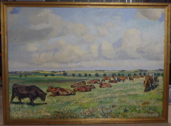 Fritz Syberg  (1862-1939), Cattle in a landscape, oil on board, signed with monogram and dated 1920-1936, 154.5cm x 217cm.