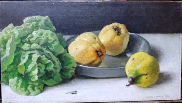 Jakob Hansen (20th century), Still life of quinces and lettuce, oil on canvas, signed and dated 1944, 26cm x 47cm. DDS