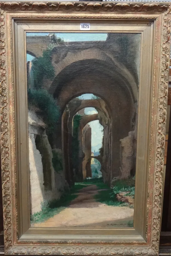 Marianne Robilliard (fl.1908-1920), Roman ruins, oil on canvas laid on board, signed and dated 1910, 69cm x 37cm.