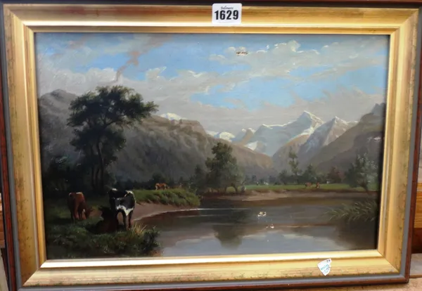 Attributed to Sarah Renard (née Mermod, 19th century), Alpine lake view, oil on canvas, bears inscription on stretcher, 25cm x 39cm.