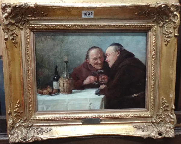 Mauryey Trebacz (1861-1941), Monks drinking and gossiping, oil on canvas, signed, 22.5cm x 31.5cm.