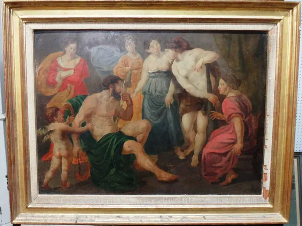 Continental School (19th century), Classical figure group, with nymphs and cherub, oil on metal, 42.5cm x 56.5cm.