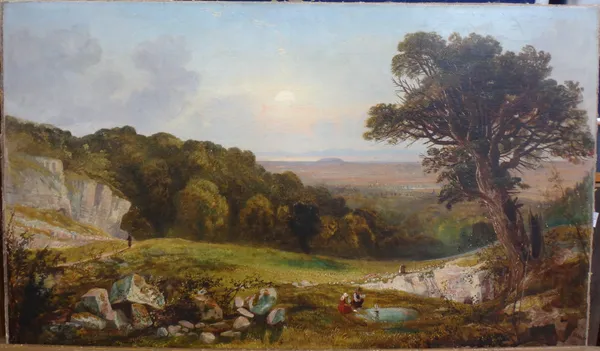 J. H. Bradley (19th century), Children playing by a dew pond, oil on canvas, unframed, signed and dated 1859, 37cm x 62cm.