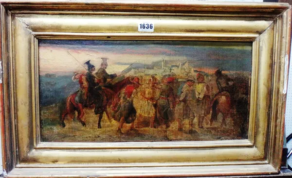 Continental School (19th century), Horsemen with Arab prisoners, oil on canvas, 21.5cm x 43.5cm.