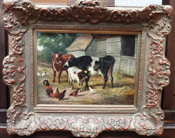 Follower of Thomas Sidney Cooper, Cattle and poultry in a yard, oil on canvas, bears a signature and date, 25cm x 33cm.