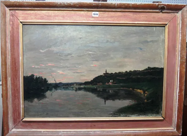 After J. d'Aubigny, A lakeside village, oil on canvas, 49cm x 75cm.