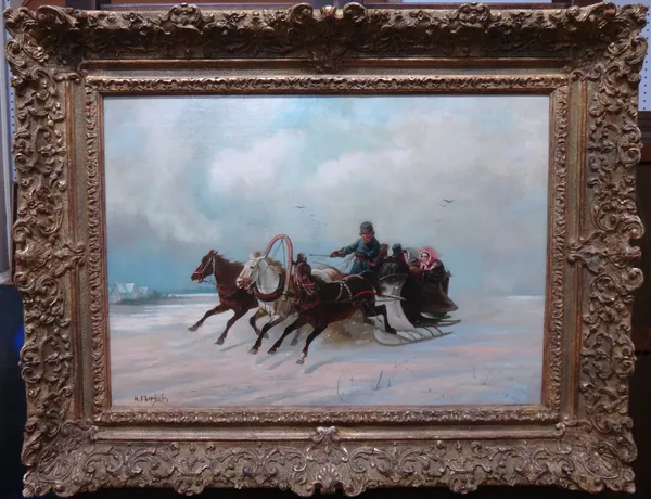 Russian School (19th century), The Sleigh Ride, oil on canvas, signed in Cyrillic, 39cm x 56cm.