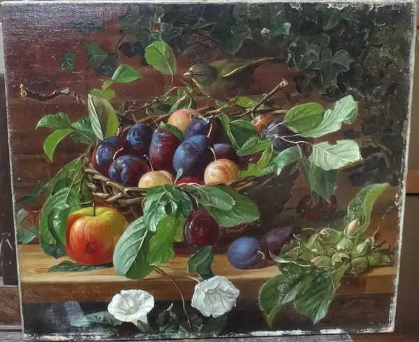 Sophus Peterson (1837-1904), Still life of plums, apple, almonds, and morning glory, oil on canvas, signed and dated 1883, unframed, 34.5cm x 39.5cm.