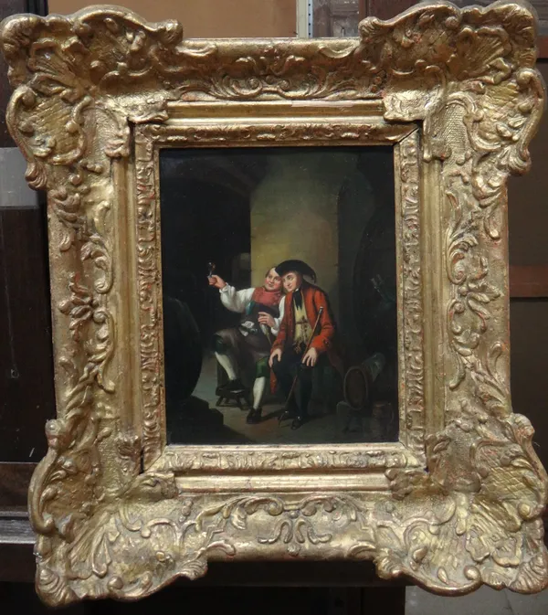 German School (19th century), In the wine cellar, oil on panel, indistinctly signed, 24cm x 18.5cm.