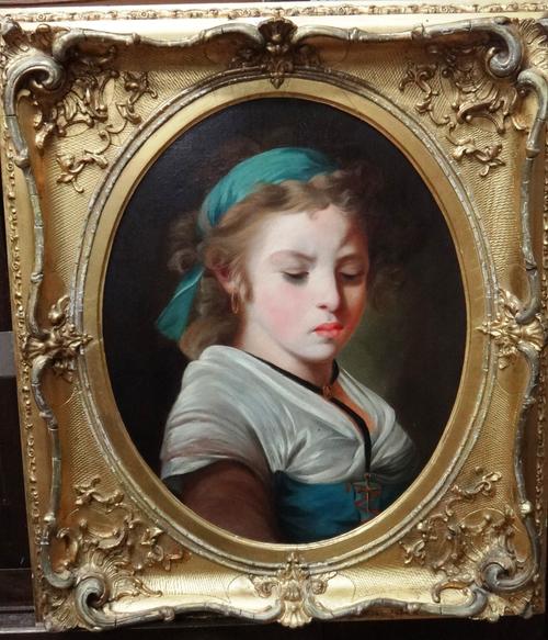 After Jean Baptiste Greuze, Study of a young girl, oil on canvas, oval, 46cm x 37cm.
