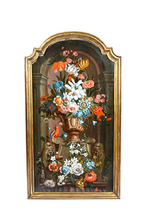 Dutch School (18th/19th century), Flower piece, oil on canvas, arched top, 131cm x 69cm.  Illustrated