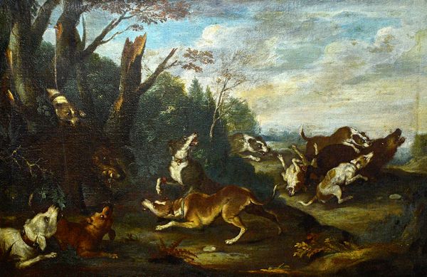 Continental School (18th century), A boar hunt, oil on canvas, 83cm x 129cm.  Illustrated