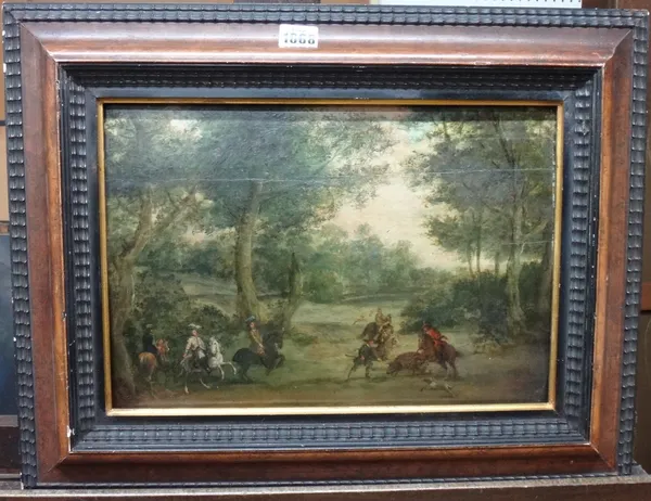 Dutch School (18th century), A hunting party in a wooded clearing, oil on panel, 25cm x 38cm.