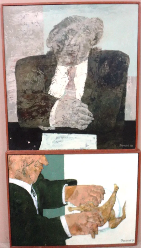 Robert Brouwers (20th century), Portrait; Man eating, two, one oil on board, the other on canvas, both signed and dated '77, the larger 69cm x 62cm.(2