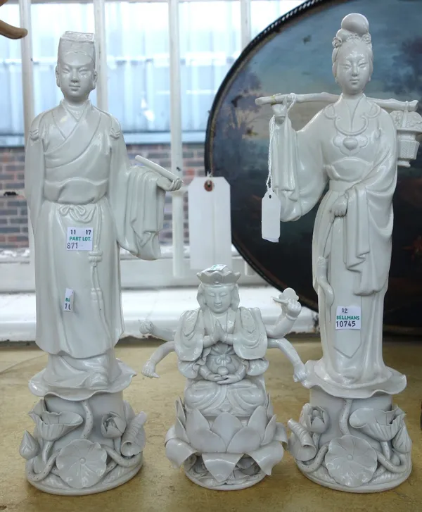 A group of five Chinese Blanc-de-Chine figures, late 19th/20th century, three modelled as Guanyin (two mounted as lamps), one as a scholar and a study