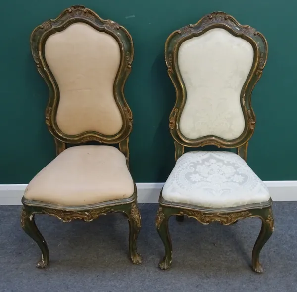 A set of eight mid-18th century North Italian green painted parcel gilt side chairs with shaped back and seats on scroll supports, 51cm wide x 115cm h