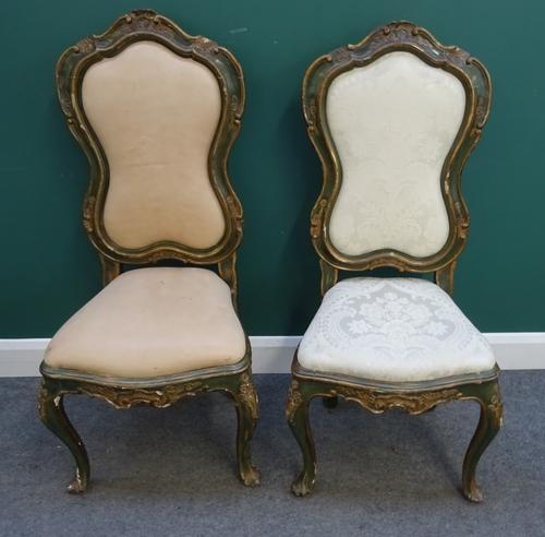 A set of eight mid-18th century North Italian green painted parcel gilt side chairs with shaped back and seats on scroll supports, 51cm wide x 115cm h