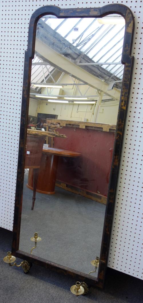 A late 19th century Queen Anne style black lacquer chinoiserie decorated double arch top wall mirror with twin brass candle sconces, 68cm wide x 129cm