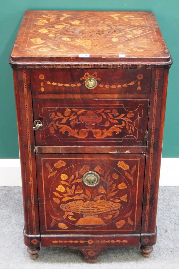 A late 18th century Dutch floral marquetry inlaid pedestal, with pair of drawers and cupboard, 52cm wide x 85cm high x 50cm deep.