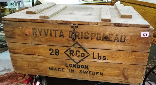 An early 20th century pine 'Ryvita Crispbread' storage box, 67cm wide x 32cm high.  K7