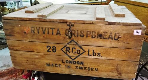 An early 20th century pine 'Ryvita Crispbread' storage box, 67cm wide x 32cm high.  K7