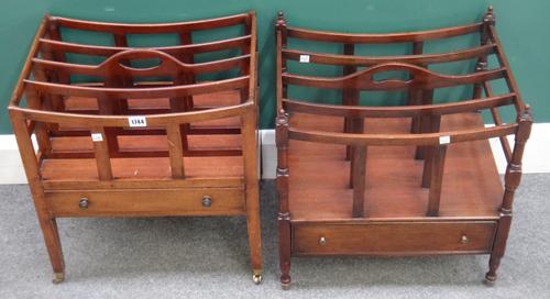 A Regency mahogany four division Canterbury with single drawer base on square supports, 45cm wide x 50cm high x 33cm deep, together with another simil