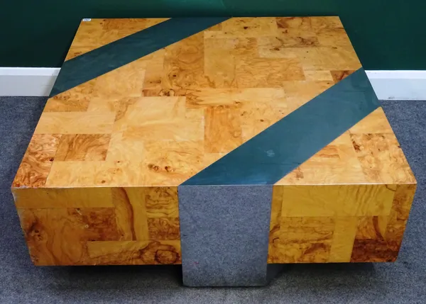Paul Evans; a 20th century burl patchwork and polished steel square coffee table, 107cm wide x 41cm high.