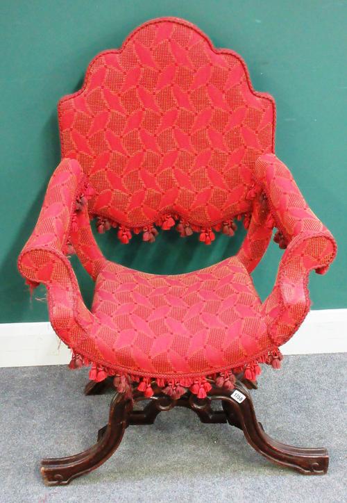 A 17th century and later stained beech 'X' frame side chair, with arch back, 73cm wide x 102cm high.