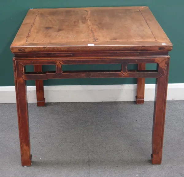 A 19th century Chinese hardwood square centre table, with pierced frieze on block supports, 88cm wide x 80cm high.